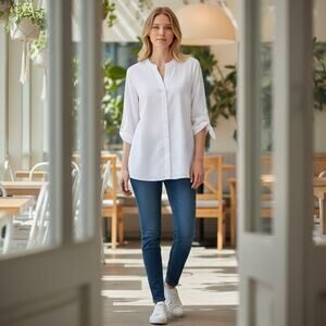 Westbound White Blouse Button Up V Neck 3/4 Sleeves Sz L